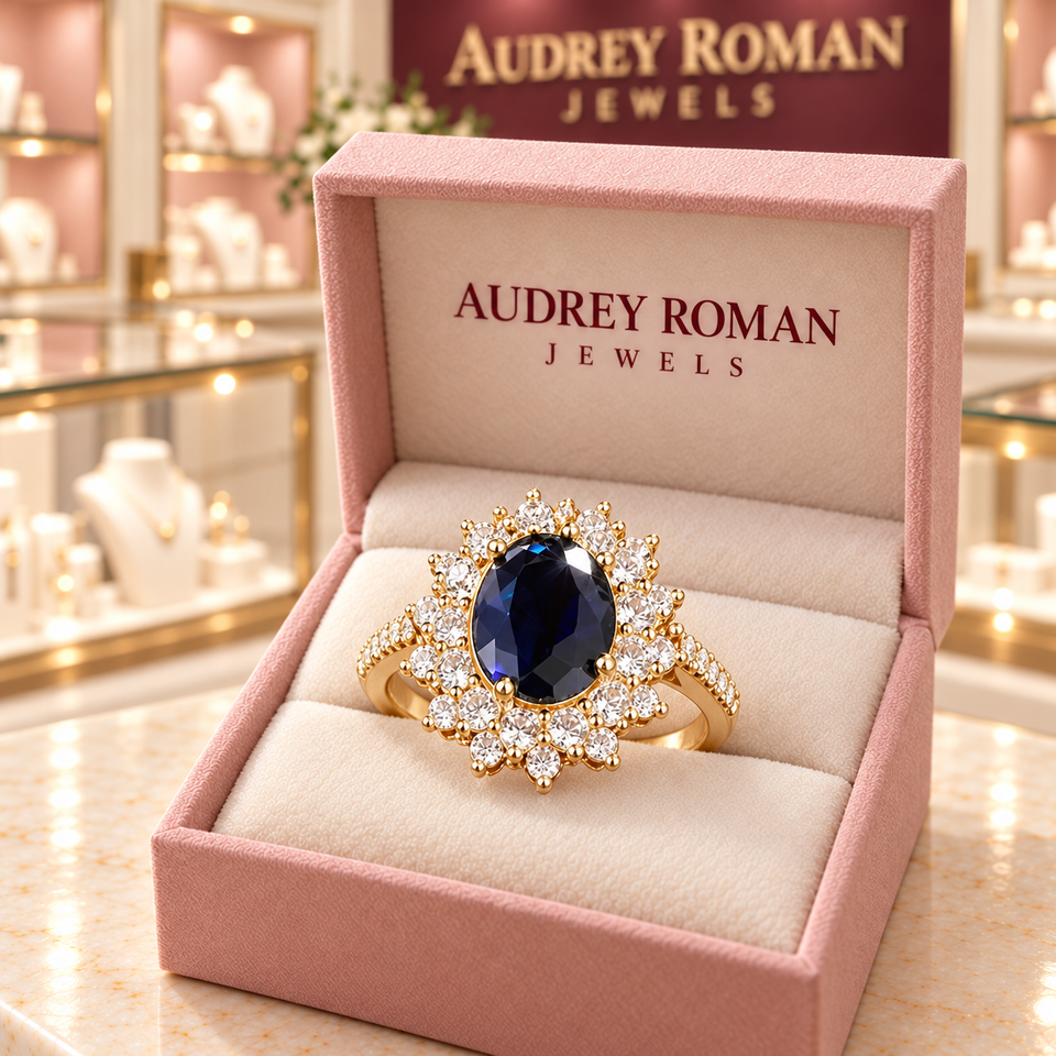 Rebecca Ring (gold-tone) in a rose Audrey Roman Jewels box inside the boutique.