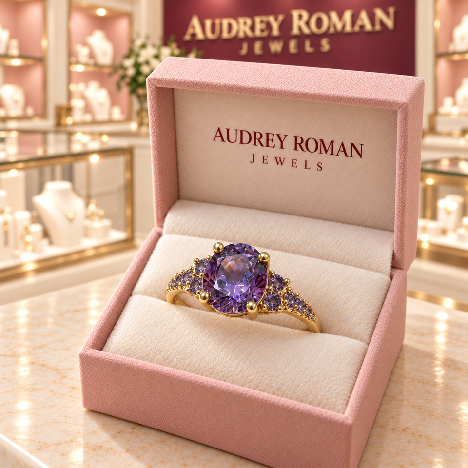 Harriet Ring (rose-gold-tone) in a rose Audrey Roman Jewels box inside the boutique.