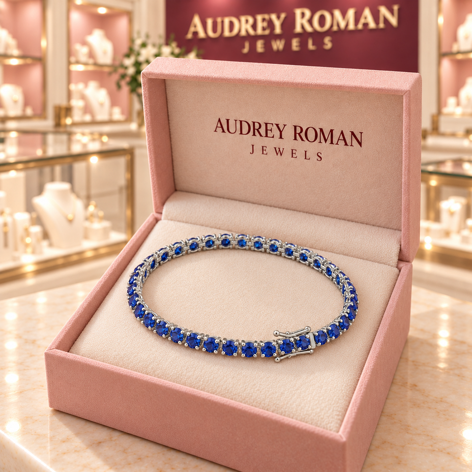Rosamund Blue Tennis Bracelet | Silver-Tone in an Audrey Roman Jewels presentation box.