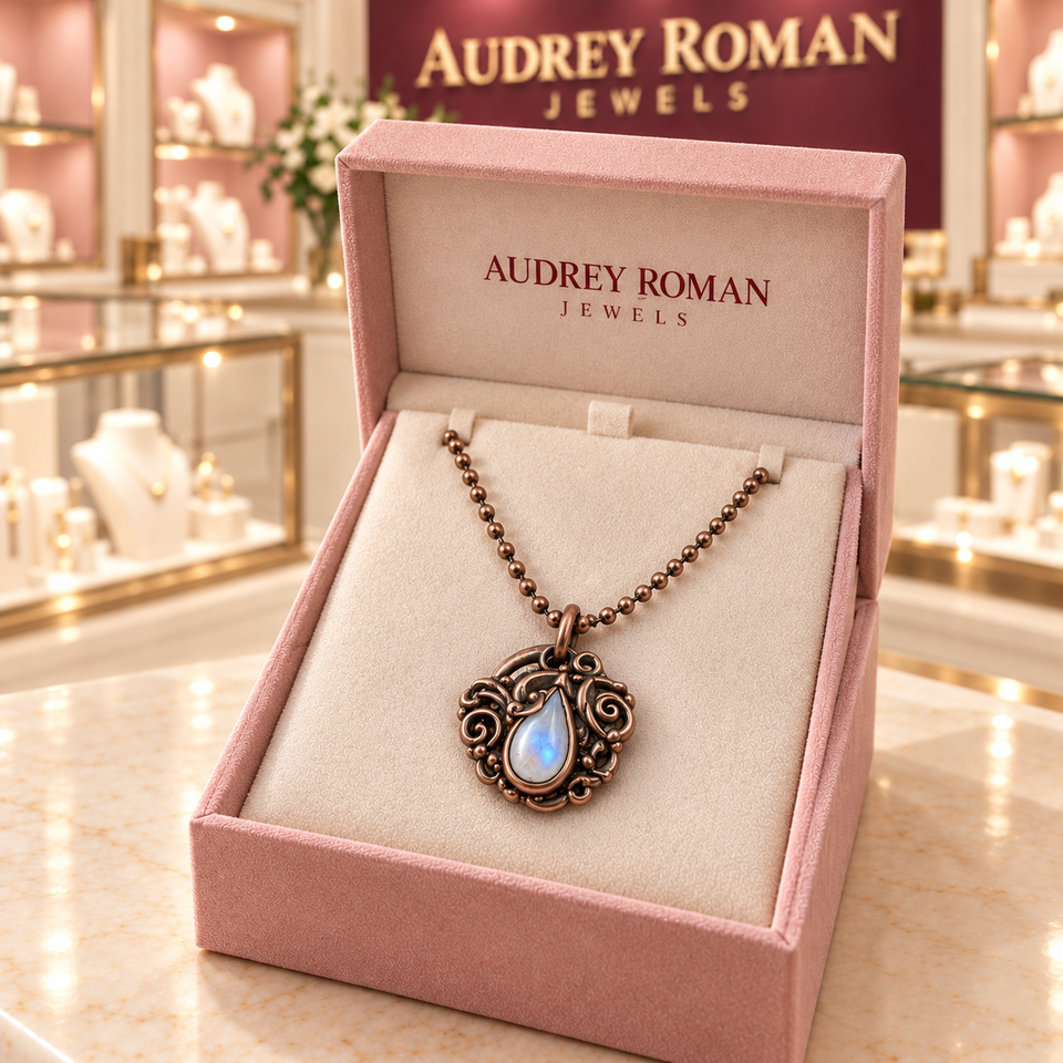 Clara Necklace in copper tone inside a rose Audrey Roman Jewels presentation box on the boutique counter.