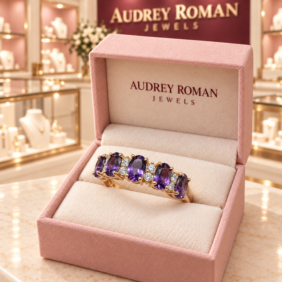 Hazel Purple Crest Ring (rose-gold-tone) in a rose Audrey Roman Jewels box inside the boutique.