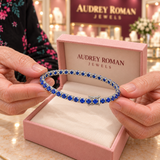 Rosamund Blue Tennis Bracelet | Silver-Tone shown close up in the Audrey boutique.