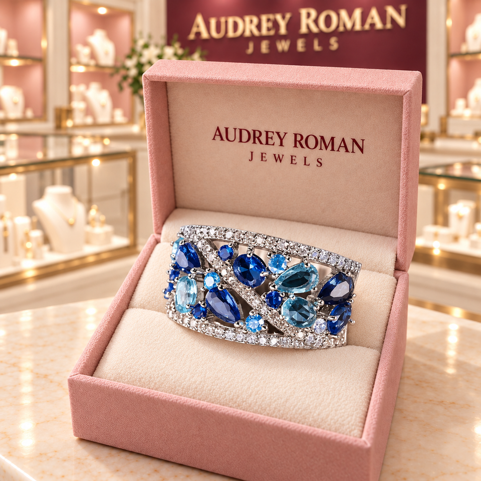 Sarah Vintage Blue Accent Ring | Silver-Tone in its Audrey presentation box.