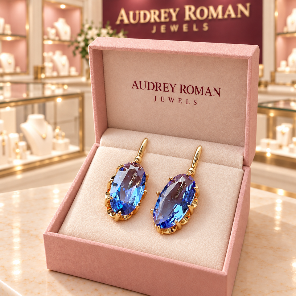 Teresa Blue Blossom Earrings | Gold-Tone in an Audrey Roman Jewels presentation box.