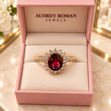 Noelle Red Ring | Gold-Tone viewed from above in the Audrey boutique.