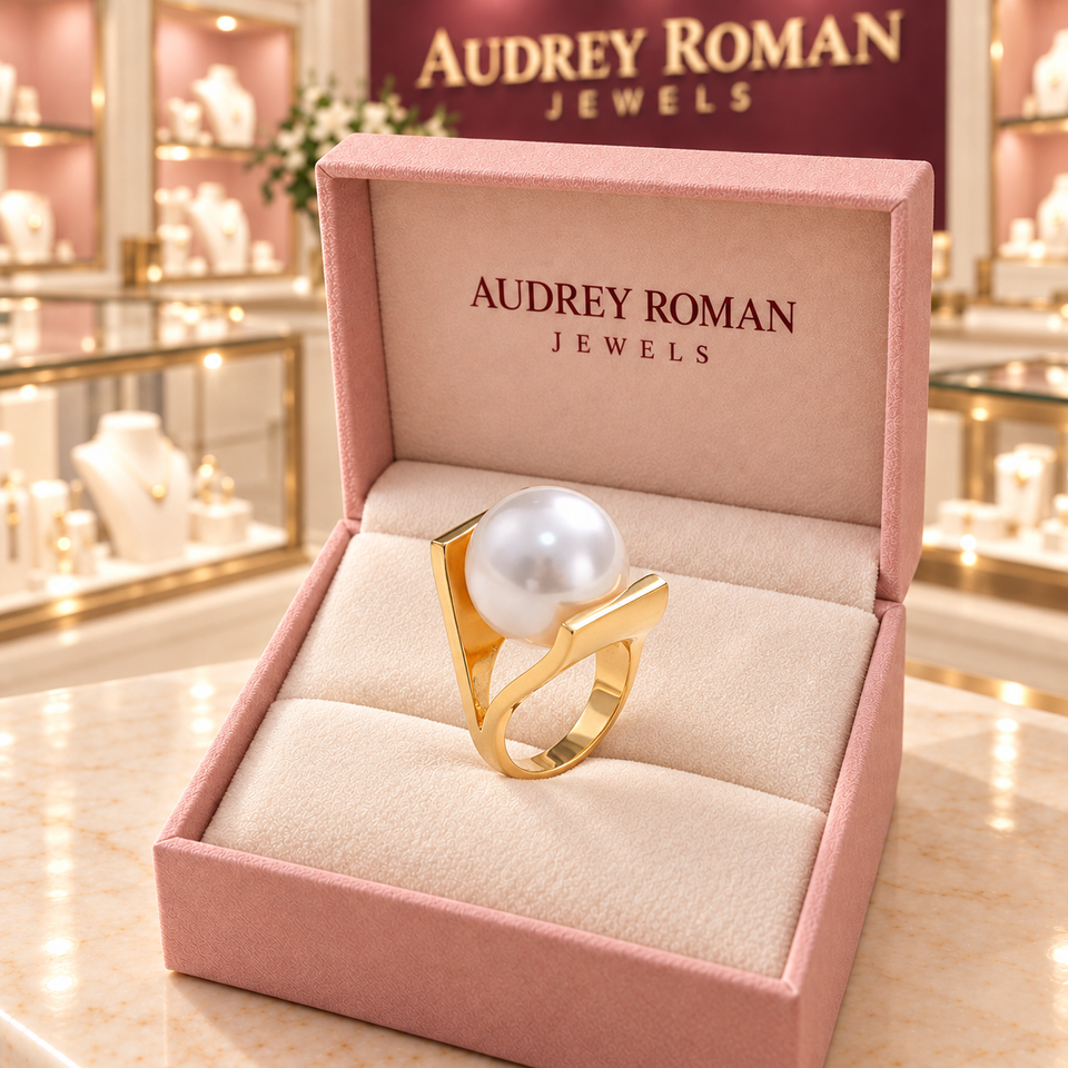 Caroline Retro Pearl-Look Ring | Gold-Tone  in its Audrey presentation box.