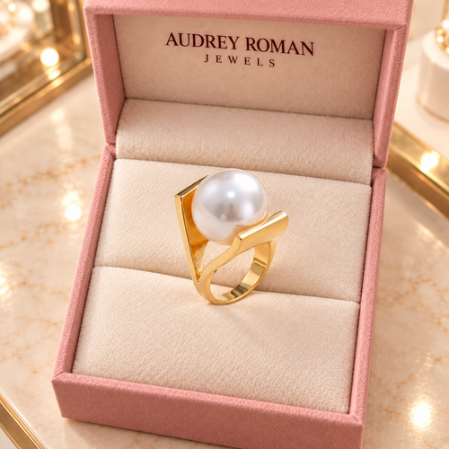 Caroline Retro Pearl-Look Ring | Gold-Tone  viewed from above in the Audrey boutique.