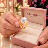Caroline Retro Pearl-Look Ring | Gold-Tone  presented close up in the Audrey boutique.